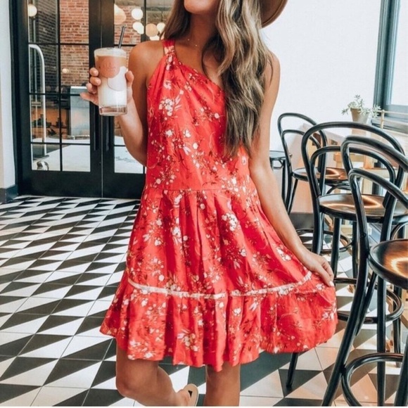 Free People All Mine Mini Dress in Red One Shoulder Tiered Skirt Bohemian Size S - Picture 3 of 13